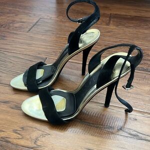 Brian Atwood Black Catania Strappy Heels gold ankle strap buckle stiletto